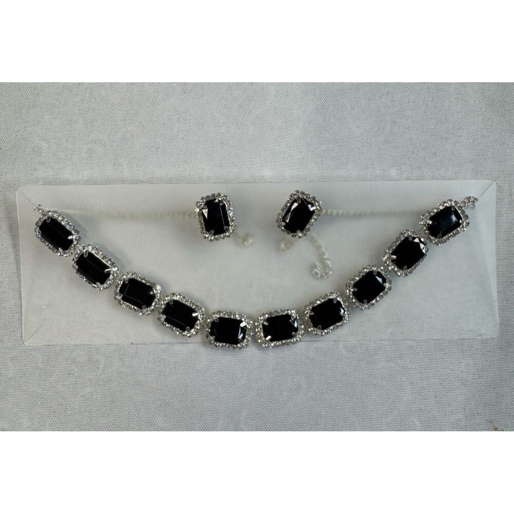 Formal Black Rhinestone Collar Choker Necklace Stud Earrings Set Prom Wedding